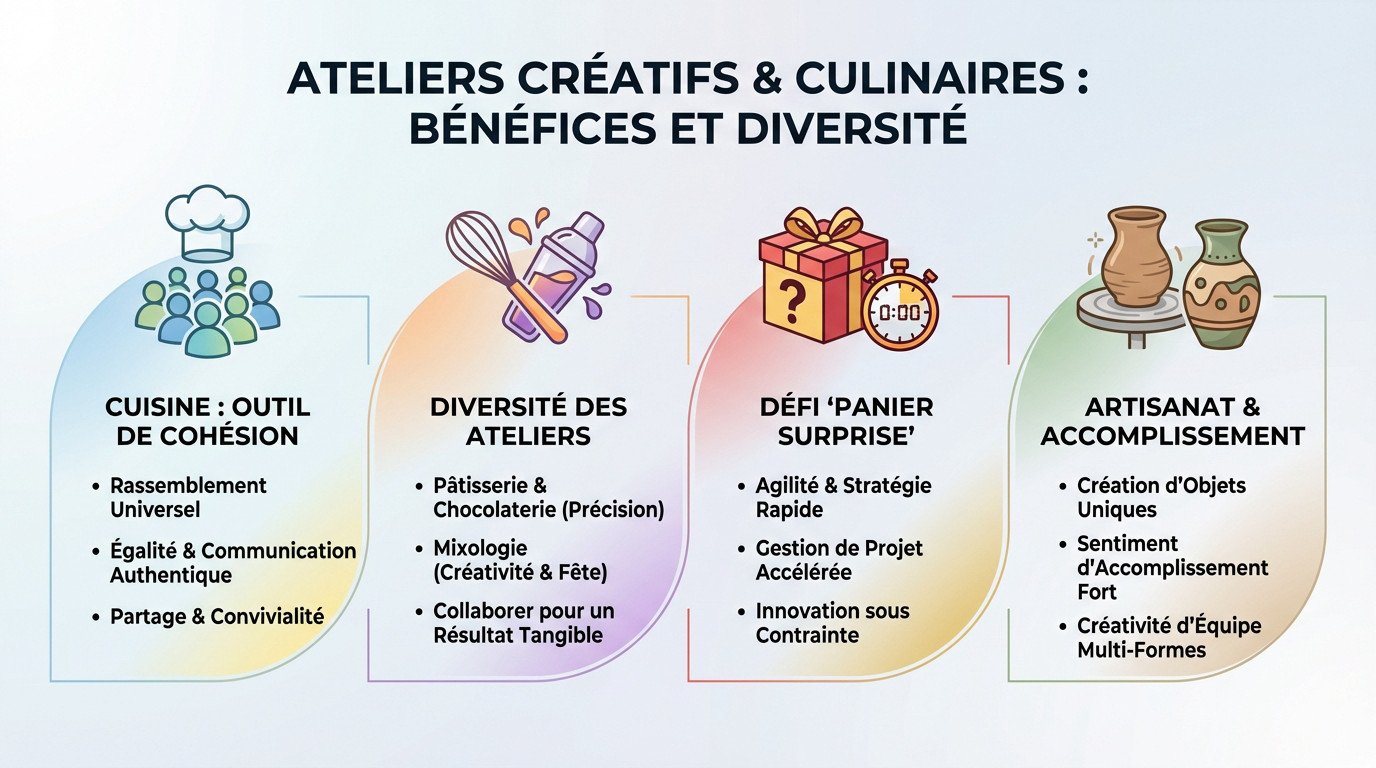 Participants collaborant joyeusement lors d'un atelier culinaire de team building