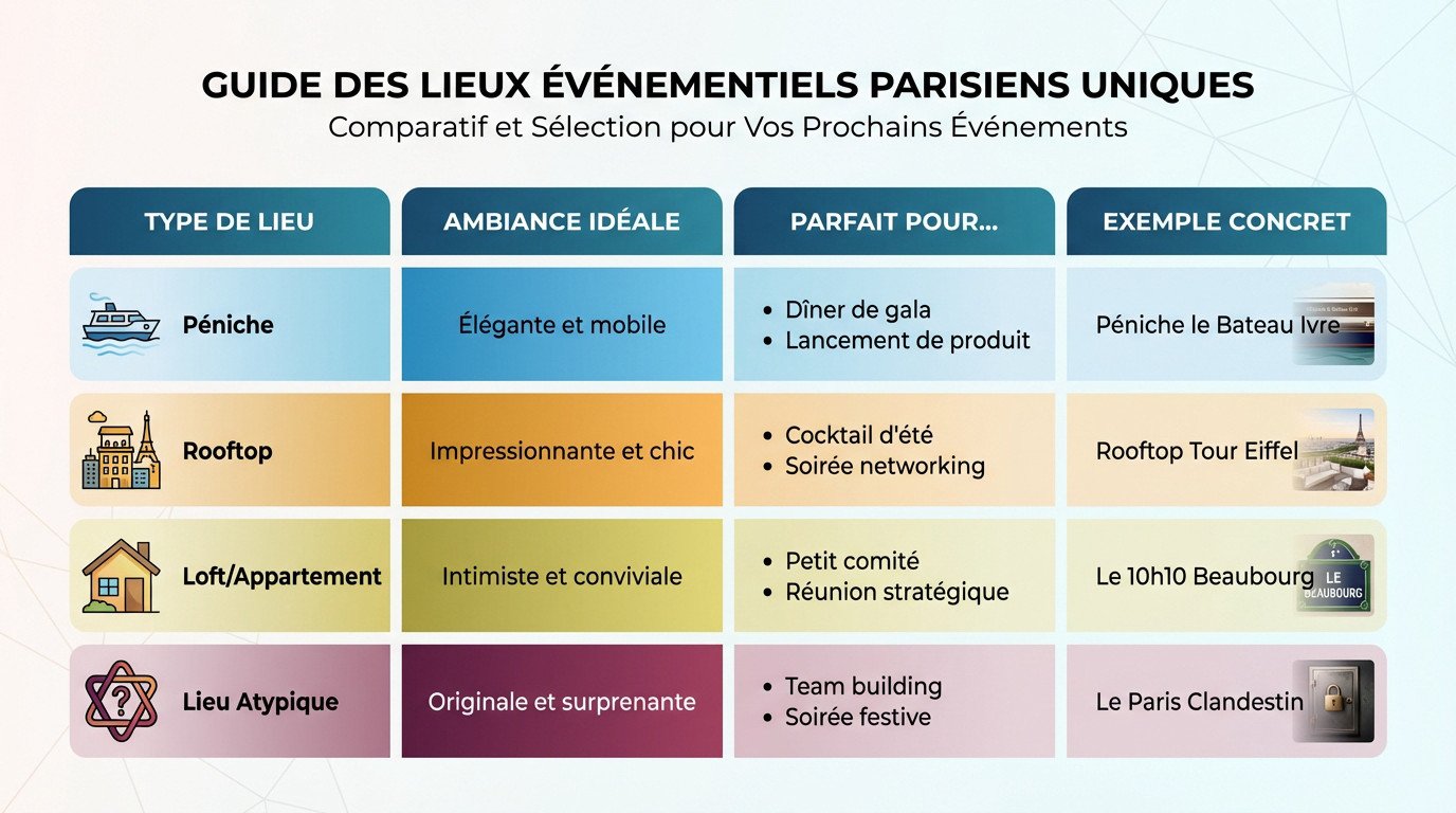 Sélection de lieux événementiels uniques à Paris incluant péniches et rooftops