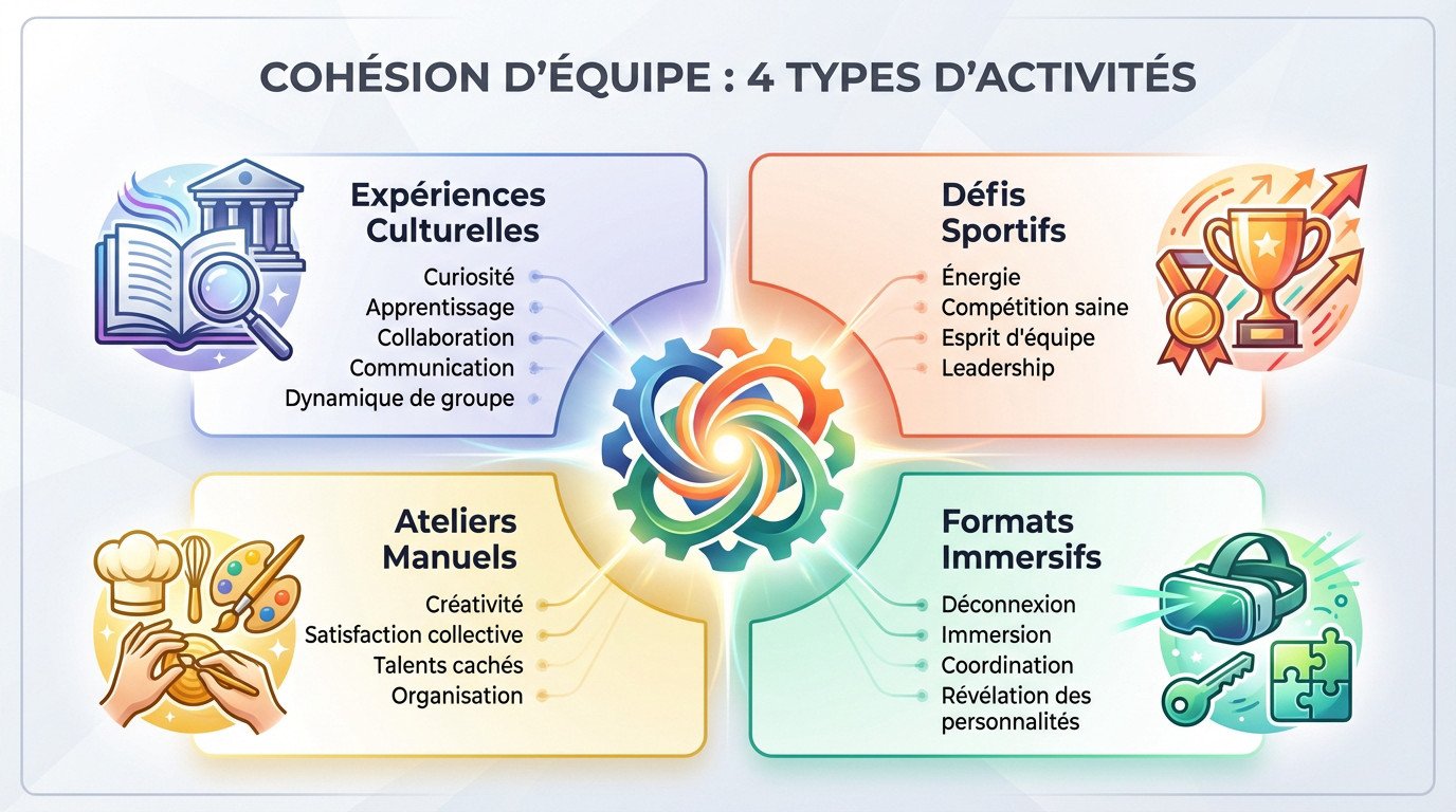 Schéma illustrant quatre types d'activités de team building pour renforcer la cohésion d'équipe